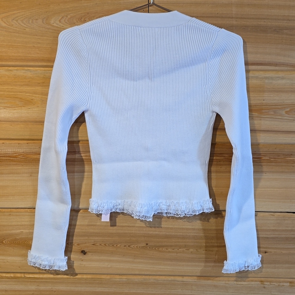 3415 For Love & Lemons White Ribbed Lace Trim Cardigan – NWT - Picture 3 of 9
